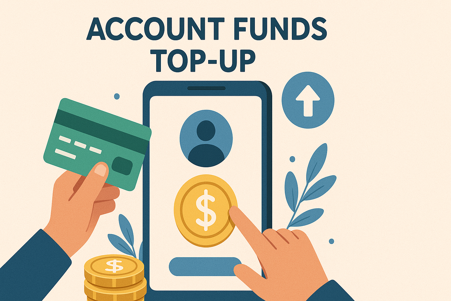 Illustration of account top-up showing a hand holding a credit card and another tapping a dollar on a smartphone screen.