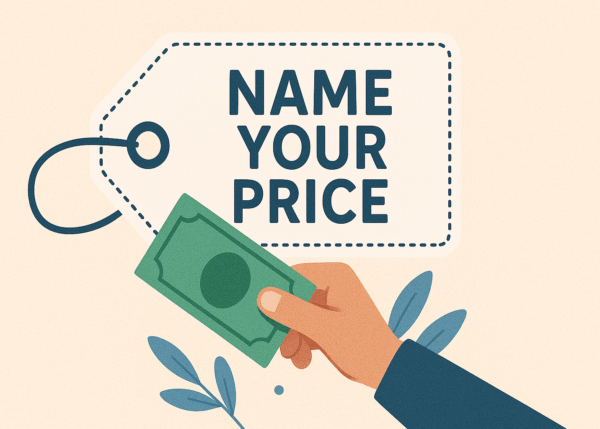 Hand holding money with Name Your Price text on a tag background, conveying flexible pricing concept.